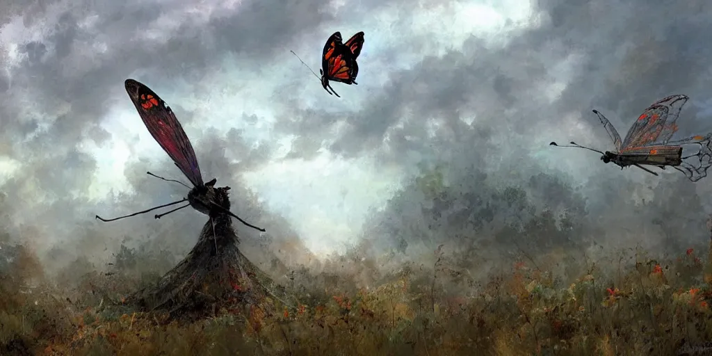 Prompt: in the misty morning, cloudy day, a giant, glowing butterfly perched on the abandonded satellite dish, by craig mullins