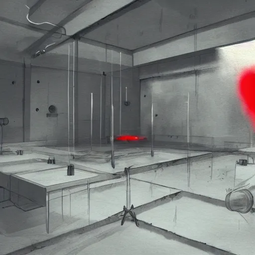 Image similar to the misery engine spools up in a sterile concrete observation room, a red smoke is pooling at the ceiling of the room, digital art, concept art, thick brush