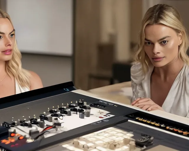 Image similar to sp - 4 0 4 audio sampling workstation being used by margot robbie, award winning product advertising still, 4 k 8 k 1 6 k