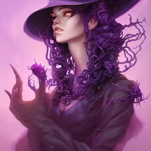 Prompt: an insanely detailed portrait of a beautiful witch with long purple hair, black witch hat, purple irises, in the style of peter mohrbacher, artgerm, dramatic lighting and composition, octane render, trending on artstation, concept art 8 k