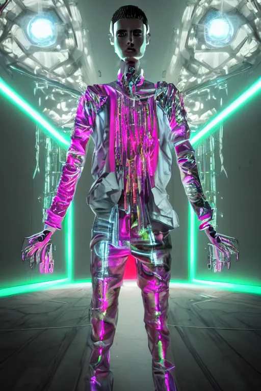 Image similar to full-body rococo and cyberpunk style quartz sculpture of a young handsome seductive Venezuelan android prince reaching for the sky, glowing pink laser eyes, crown of white gears and diamonds, swirling green-colored silk fabric. futuristic elements. full-length view. intricate artwork by caravaggio. Trending on artstation, octane render, cinematic lighting from the right, hyper realism, octane render, 8k, depth of field, 3D