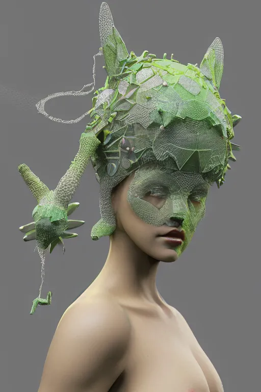 Prompt: epic 3 d sculpture of trans model, mesh headdress, 2 0 mm, with pastel yellow and pastel green bubbles bursting, perlin noise melting into bulbasaur, delicate, beautiful, intricate, houdini sidefx, artstation, by jeremy mann and ilya kuvshinov, jamie hewlett and ayami kojima