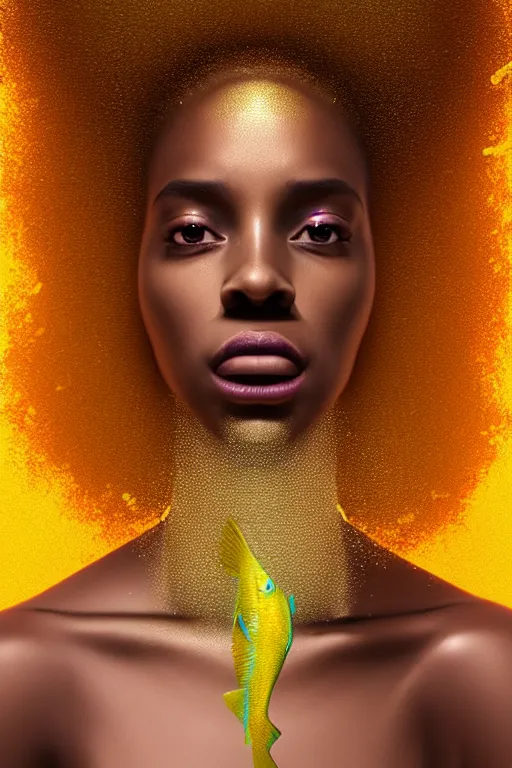 Image similar to hyperrealistic precisionist cinematic underwater scene with fish and algae, very expressive! translucent elegant african goddess, full body, gold jewerly, highly detailed face, digital art masterpiece, eric zener aykut aydogdu, volumetric light, long shot, low angle uhd 8 k, sharp focus