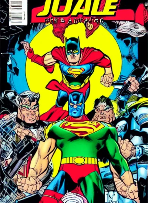 Image similar to 1 9 9 8 issue of jla cover depicting kyle raynor by ed mcguinness, masterpiece ink illustration,