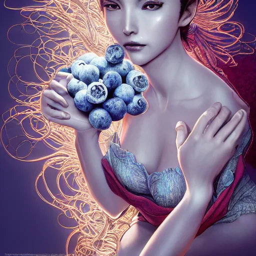 Image similar to the portrait of a blueberry that resembles an absurdly beautiful, graceful, elegant, sophisticated gravure idol, an ultrafine hyperdetailed illustration by kim jung gi, irakli nadar, intricate linework, bright colors, octopath traveler, final fantasy, unreal engine 5 highly rendered, global illumination, radiant light, detailed and intricate environment