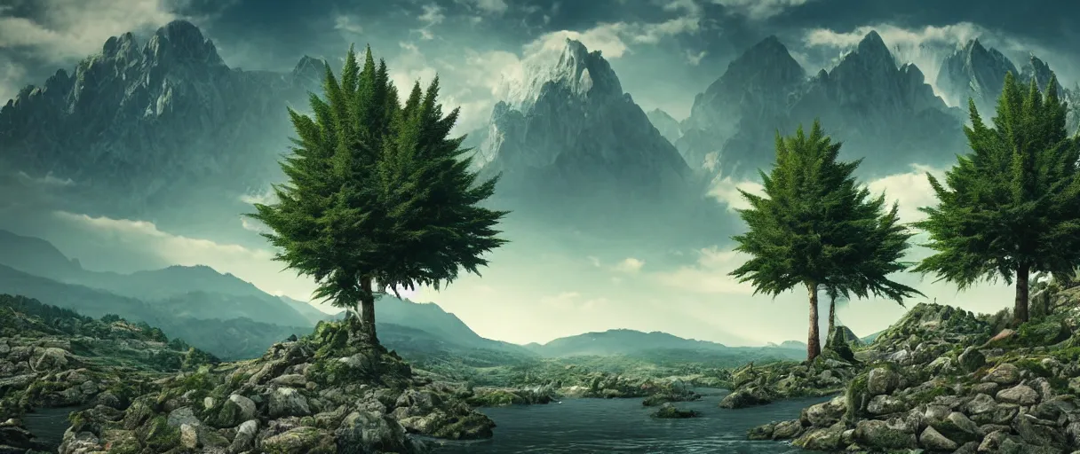 Image similar to realistic giant cannabis monster trees, mountains, river, landscape, photo, concept art, universe in the sky, cinematic lighting, 4k, wide angle, warm tones, Earth,