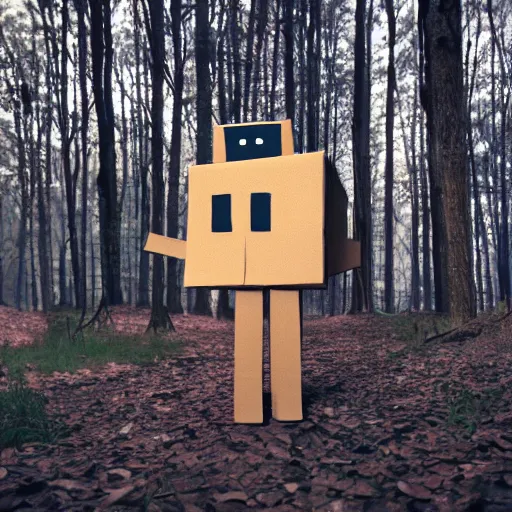 Prompt: robot made of a cardboard box, crayon face, walking through the forest, dof, cinematic lighting, hyperrealistic, extremely detailed,