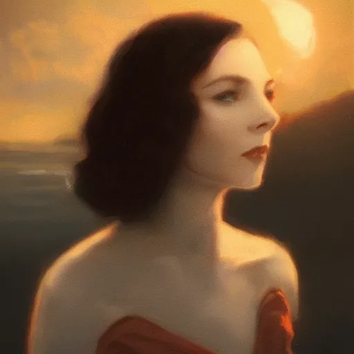 Image similar to a closeup portrait of a young vivian leigh, lake background, gorgeous view, sunset, film noir, serene, depth, by greg rutkowski, digital art, trending on artstation