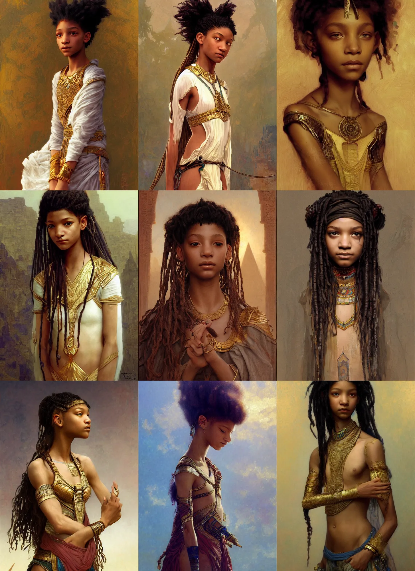 Prompt: willow smith zendaya young, ancient egyptian girl, intricate, highly detailed, artstation, digital illustration, orientalism, bouguereau, mucha, ruan jia