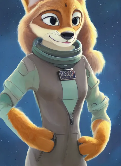 Image similar to oil painting detailed full body of anthromorphic female wolf, in style of zootopia, zootopia, zootopia, fursona, furry, furaffinity, 4 k, deviantart, furry art, fursona art, wearing astronaut outfit, in style of zootopia, wolf fursona, cyberpunk, female, detailed feminine face,