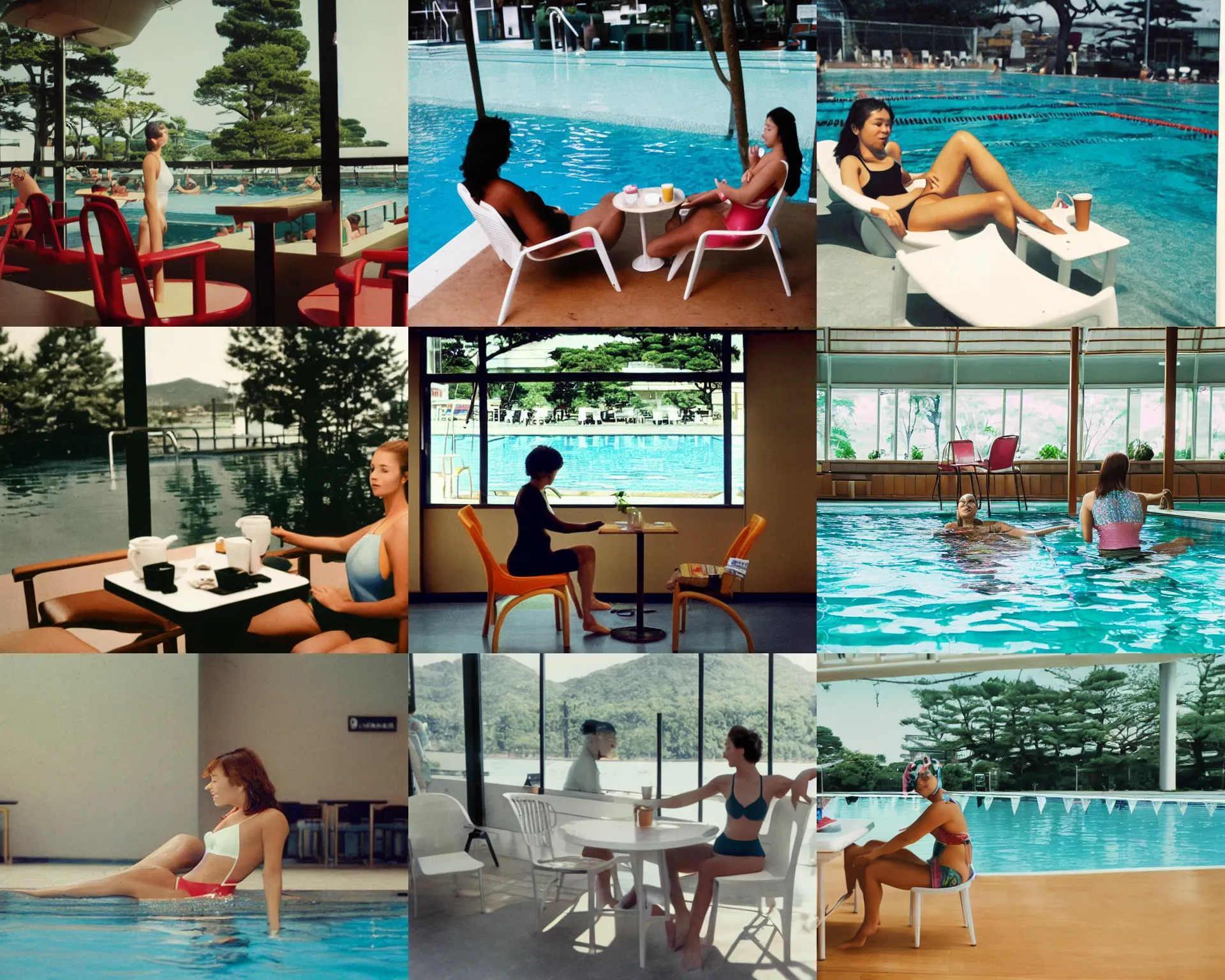 Prompt: home video footage, a woman in a swimsuit sits on a white chair in a cafe lounge at a public swimming pool facility in japan ; coffee is on the table. water, tree ; daylight, summer, color vhs picture quality