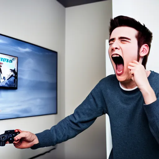 Prompt: 20 year old man screaming at a Playstation.