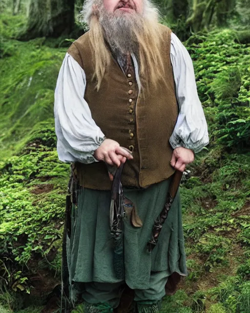 Image similar to annie leibovitz style photoshoot of peter jackson dressed as tom bombadil, lotr, tolkien, weta workshop style, hyperreal