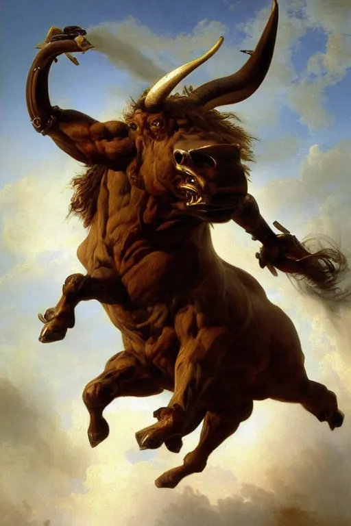 Image similar to oil painting of a strong minotaur with a bull face and wearing full plate armor, in style of ivan aivazovsky, expressive face, detailed face, detailed eyes, full body, feminine face, tracer overwatch,