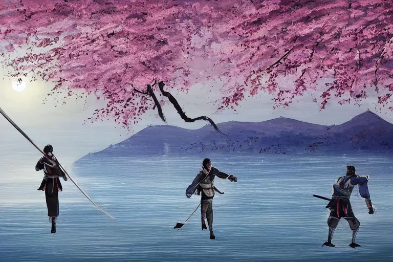 Image similar to solitary moonlight samurai duel featuring enrico letta vs matteo salvini, moonlight lake, starry sky and dark cherry blossoms falling