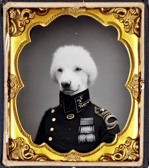 Prompt: professional studio photo portrait of anthro anthropomorphic albino german shepard head animal person fursona serious wearing elaborate military general uniform clothes degraded medium by Louis Daguerre daguerreotype tintype