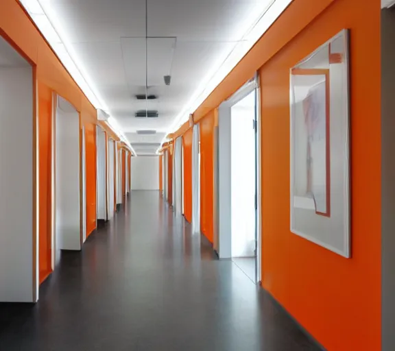 Image similar to fancy corridor with orange walls and white floor. black benches. a tv hanging in the right upper corner.