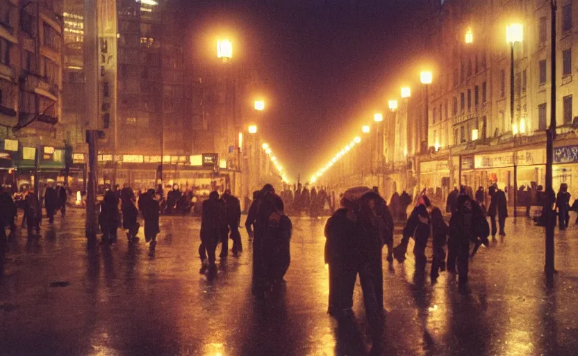 Image similar to 1990s movie still of a yougoslavian street with many pedestrians with stalinist style highrise, Cinestill 800t 18mm, heavy grainy picture, very detailed, high quality, 4k panoramic, HD criterion, dramatic lightning, streetlight at night, rain, mud, foggy, many CCCP flags