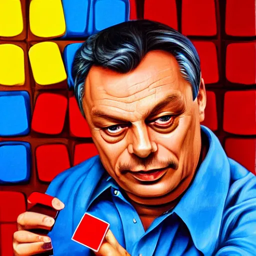 Prompt: portrait of viktor orban in shorts playing with a rubik's cube, confused face, highly detailed illustration by boris vallejo, airbrush painting