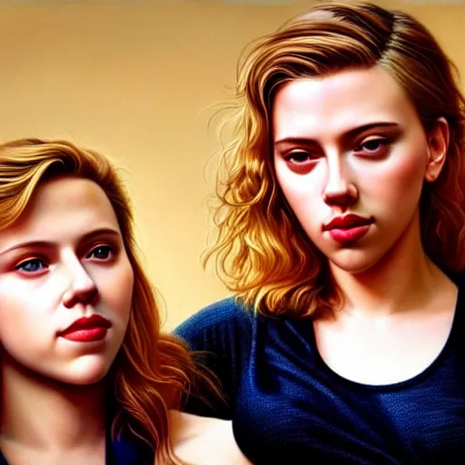 Image similar to intricate beautiful hyperreal portrait of a young scarlett johansson and young scarlett johansson, smiling softly, casual clothes, relaxing on the couch, home interior, golden hour, close up shot, 8 k, art by irakli nadar, hyperrealism, hyperdetailed, ultra realistic