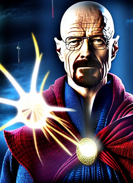 Image similar to walter white as dr strange, realistic, cinematic