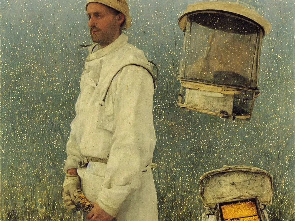 Prompt: painting by mikalojus konstantinas ciurlionis, bosch. portrait of a man in white beekeeping suit at night with fireflies