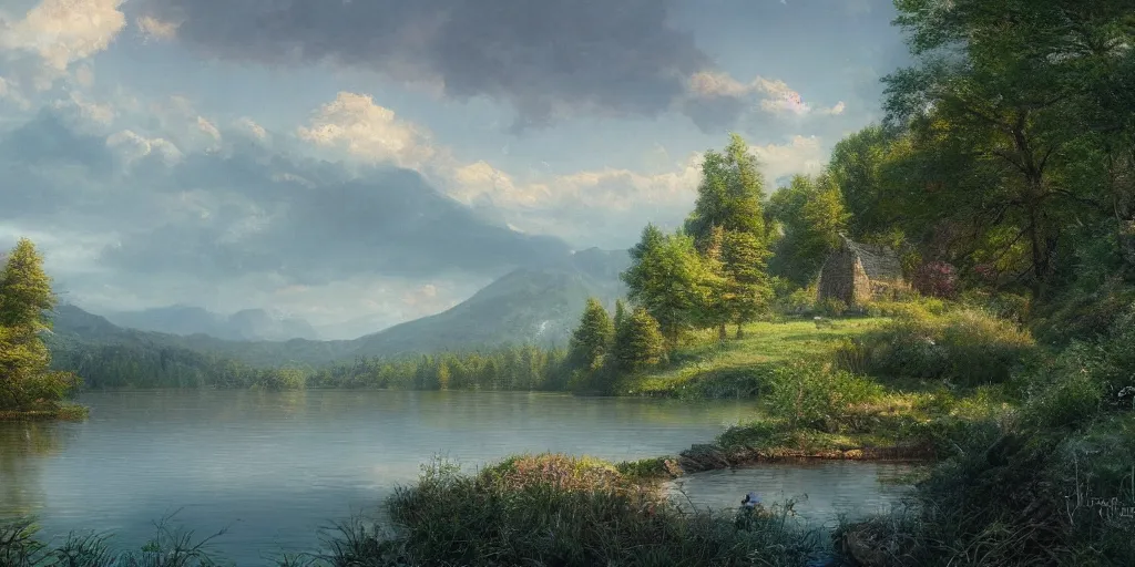 Image similar to a beautiful lake landscape in summer, by Ernest deutsch + Ted Nasmith, cinematic lighting, masterpiece, highly detailed, 8k resolution, trending on art station