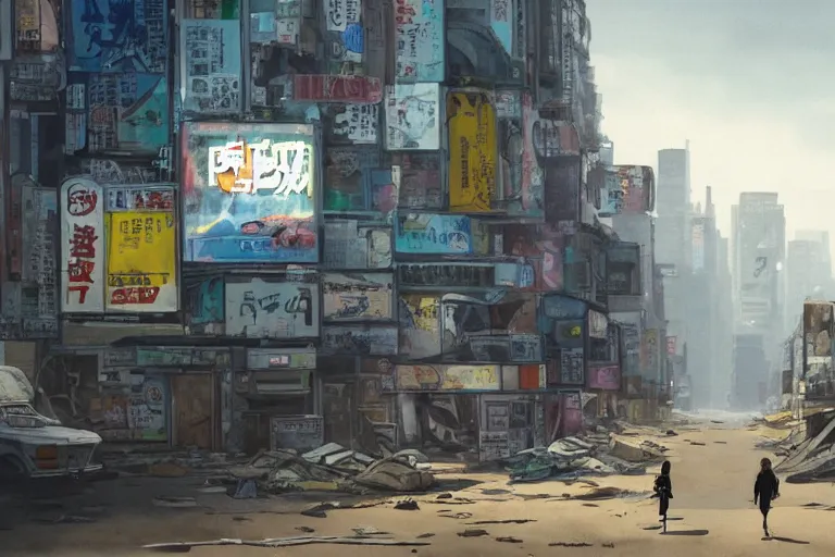 Image similar to incredible wide screenshot, ultrawide, simple watercolor, rough paper texture, ghost in the shell movie scene, backlit distant shot of girl in a parka running from a giant robot invasion side view, yellow parasol in deserted dusty shinjuku junk town, broken vending machines, bold graphic graffiti, old pawn shop, bright sun bleached ground, mud, fog, dust, windy, scary robot monster lurks in the background, ghost mask, teeth, animatronic, black smoke, pale beige sky, junk tv, texture, brown mud, dust, tangled overhead wires, telephone pole, dusty, dry, pencil marks, genius party,shinjuku, koji morimoto, katsuya terada, masamune shirow, tatsuyuki tanaka hd, 4k, remaster, dynamic camera angle, deep 3 point perspective, fish eye, dynamic scene