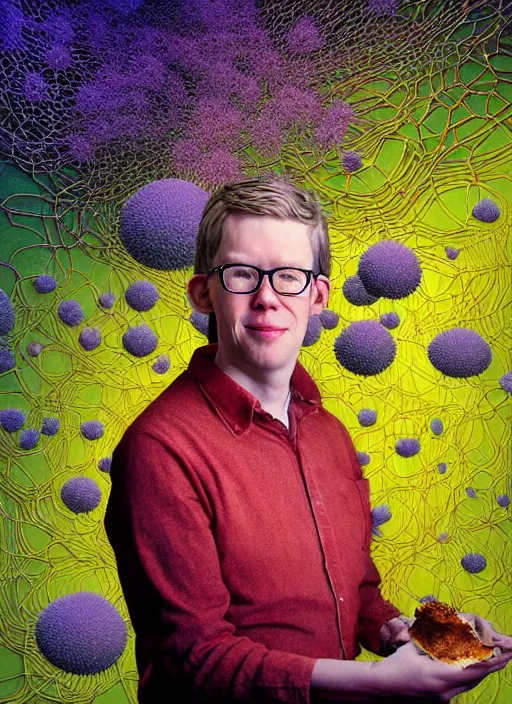 Image similar to hyper detailed 3d render like a Oil painting - friendly professional portrait of author Hank Green in Aurora seen Eating of the Strangling network of yellowcake aerochrome and milky Fruit and Her delicate Hands hold of gossamer polyp blossoms bring iridescent fungal flowers whose spores black the foolish stars by Jacek Yerka, Mariusz Lewandowski, Houdini algorithmic generative render, Abstract brush strokes, Masterpiece, Edward Hopper and James Gilleard, Zdzislaw Beksinski, Wolfgang Lettl, hints of Yayoi Kasuma, octane render, 8k