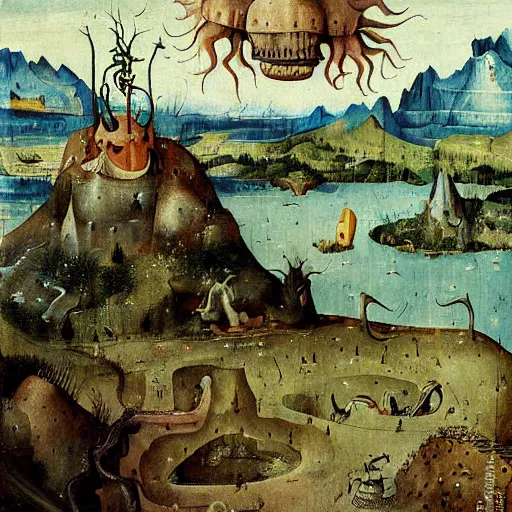 Image similar to intricate, detailed painting of Caelid landscape and its monsters by Hieronymous Bosch, concept art, illustration