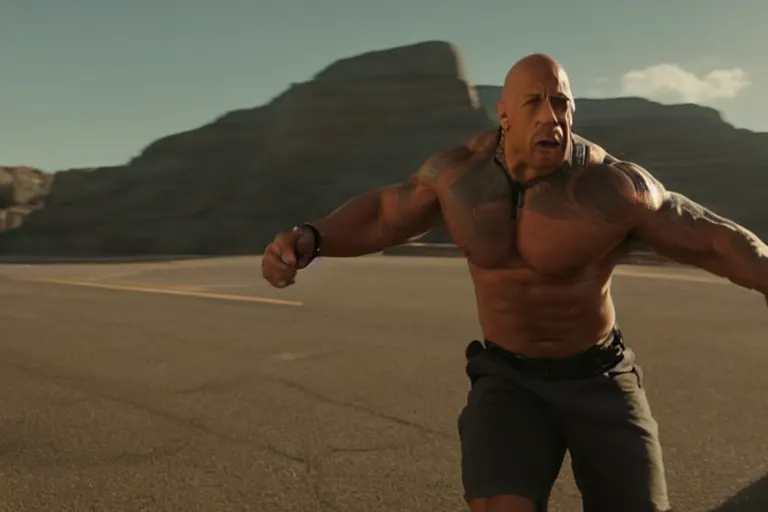 Prompt: vin diesel as dwayne johnson flexing and yelling let's go!, fast furious, low perspective, isometric perspective, cinematic still, movie still, long lens, shallow depth of field, bokeh, anamorphic lens flare, 8 k, hyper detailed, 3 5 mm film grain