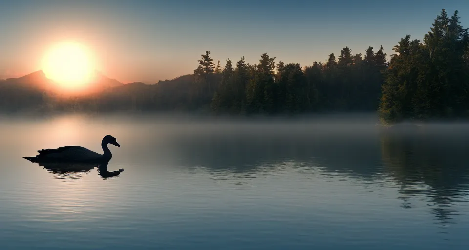 Prompt: a goose swimming in a calm lake at sunrise matte painting, foggy, 4 k wallpaper, trending on artstation, professional photography