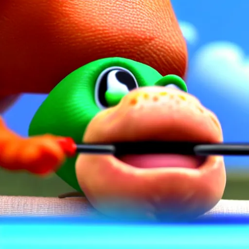 Image similar to realistic lifelike yoshi from nintendo licking his own toes while smoking a blunt 4 k ultrarealistic