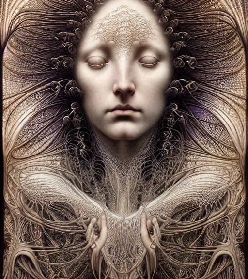 Image similar to detailed realistic beautiful radiant goddess face portrait by jean delville, gustave dore, iris van herpen and marco mazzoni, art forms of nature by ernst haeckel, art nouveau, symbolist, visionary, gothic, neo - gothic, pre - raphaelite, fractal lace, intricate alien botanicals, biodiversity, surreality, hyperdetailed ultrasharp octane render