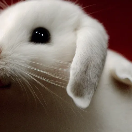 Prompt: a white rabbit sitting on top of a bed with its eyes closed and its head turned to look like it's smiling