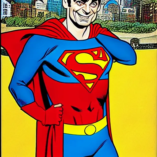 Image similar to mr bean as superman. dc comics coverart, comicbook, comic panel