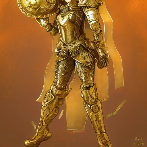 Prompt: armored girl holding a golden shield embroiled in intricate details, concept art