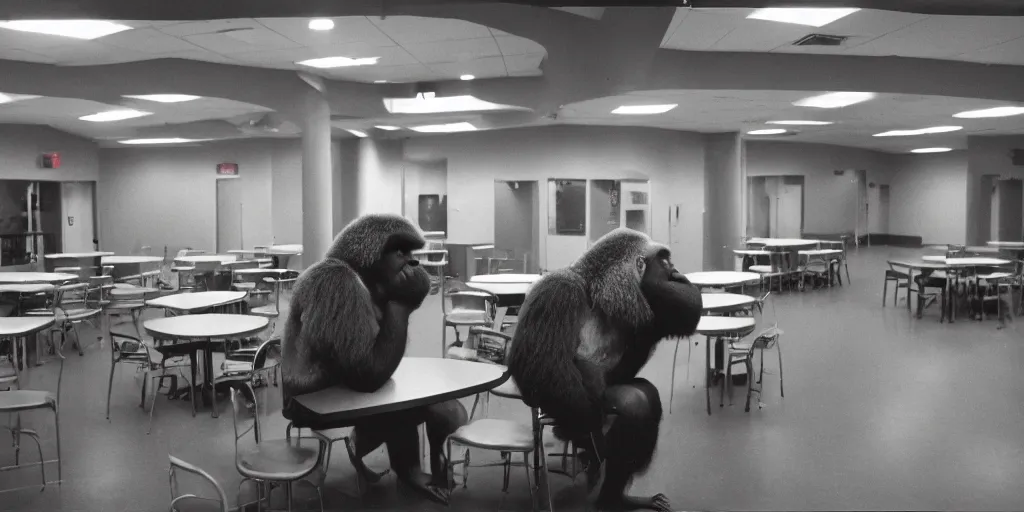 Prompt: big silverbaaack gorilla in cafeteria lunchroom, indoor lighting, 3 5 mm disposable camera