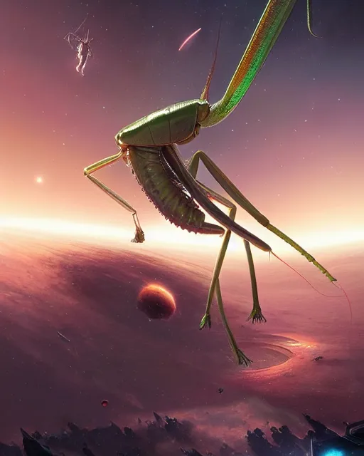 Image similar to a giant praying mantis in space eats planet, photo realistic, epic composition, epic light, high details by greg rutkowski and mark marc simonetti