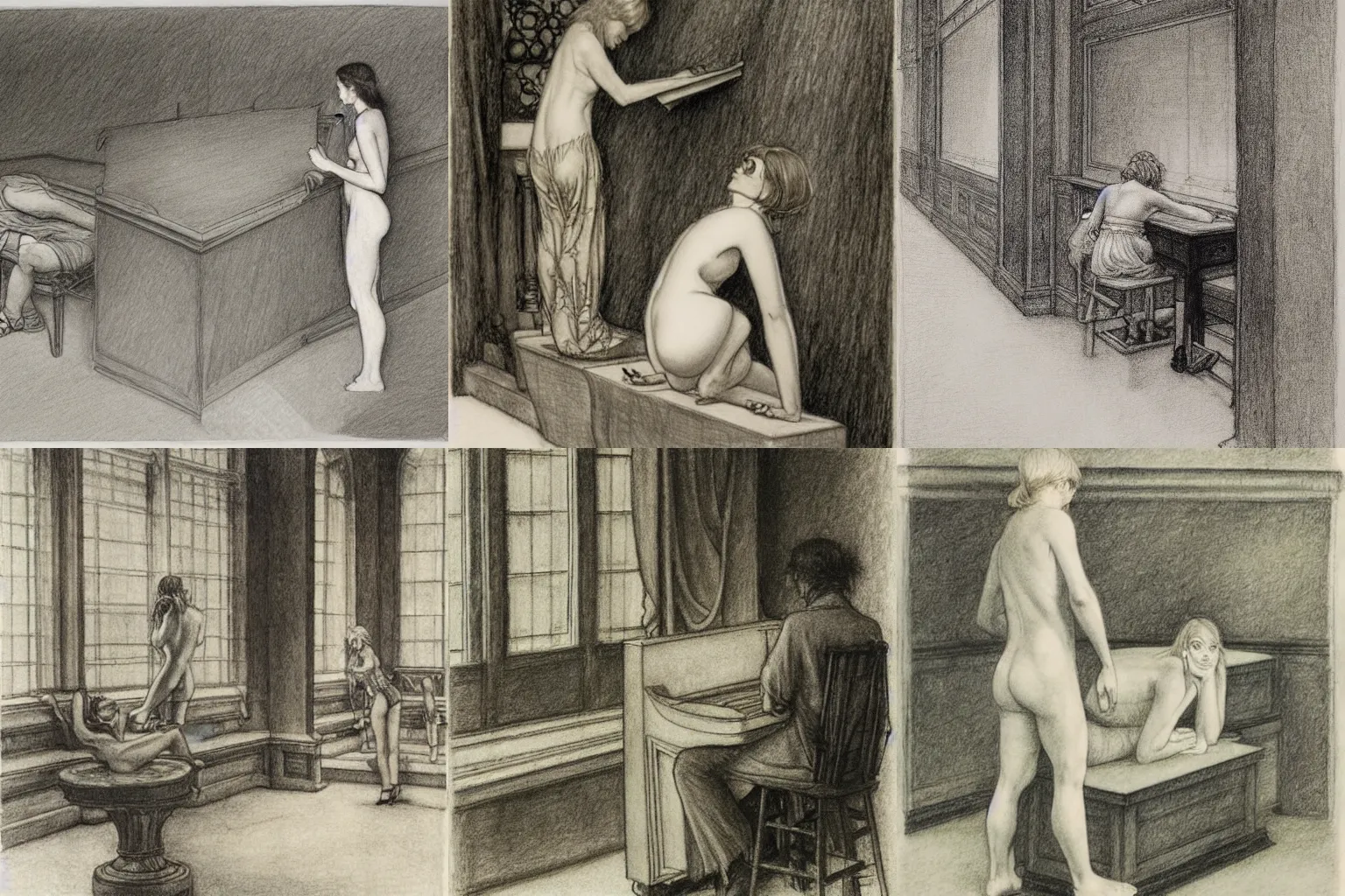 Prompt: i am unlearned, and they learn from me. pencil drawing by edward hopper, arthur rackham and milo manara