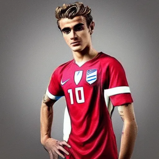 Image similar to “ a realistic detailed photo of a guy who is an attractive humanoid who is half robot and half humanoid, who is a male android, soccer player antoine griezmann, shiny skin, posing like a statue, blank stare, on the bed, on display ”