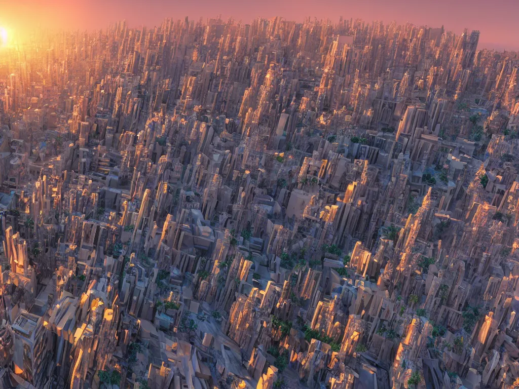 Prompt: A Gigantic cityscape carved into a canyon futurist cityscape as far as the eye can see, at sunset, 4K PhotoRender RealityEngine