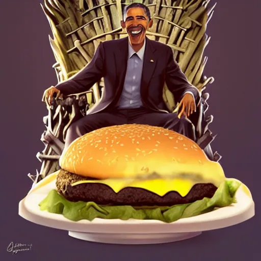 Prompt: barrack obama eating a cheese burger sitting on the iron throne, highly detailed, digital painting, artstation, concept art, global illumination, ray tracing smooth, sharp focus, illustration, art by artgerm and greg rutkowski and makoto shinkai, jeremy lipkin