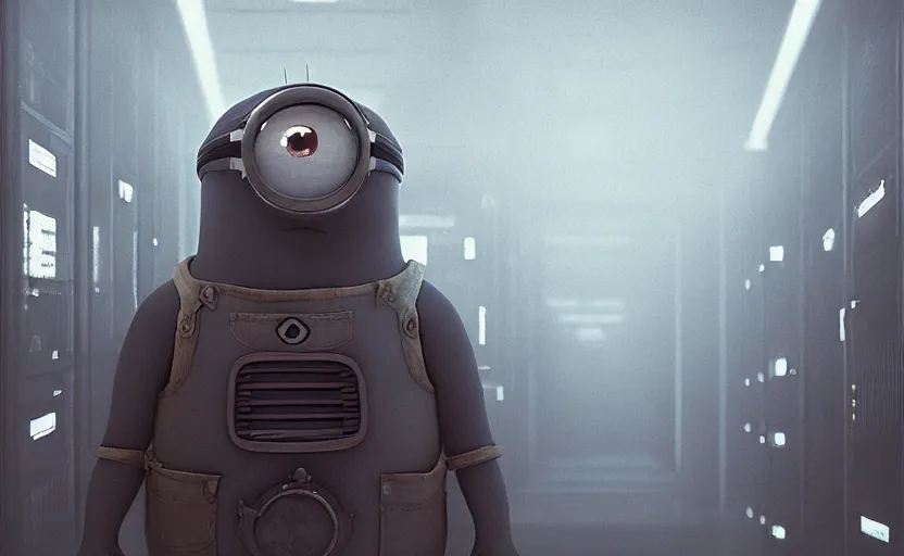 Prompt: extremely detailed cinematic movie still 3 0 7 7 foggy portrait closeup shot of a minion in an endless data centre by denis villeneuve, wayne barlowe, simon birch, marc simonetti, philippe druillet, beeple, bright volumetric sunlight from small windows, rich moody colors, closeup