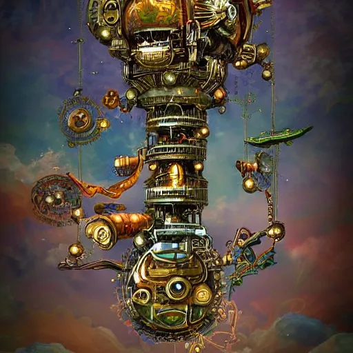 Image similar to flying city in a mechanical flower, sky, fantasy art, steampunk, masterpiece, behrens style