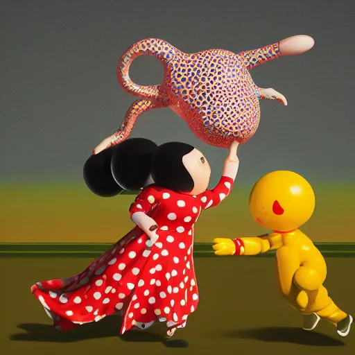 Image similar to yayoi kusama being chased by a ballon dog, nendroid, art by wgreg rutkowski. during golden hour. extremely silly in style of butcher billy.