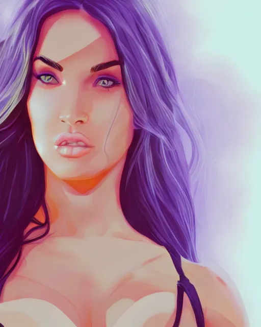 Prompt: megan fox, lofi, vaporwave, aesthetic, au, naturel, digital art, trending in artstation