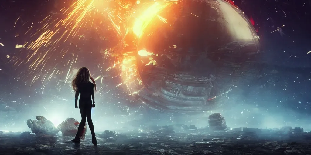 Prompt: a blonde girl standing front of a huge towering and broken stone tablet with red light + alien pattern + an abandoned spaceship, stands in the center of a prosperous city at the end of the world, and the power and energy is explode, secret, mysterious, doomsday, landscape, 2 4 mm lens, video game control, quantum break, arknights,