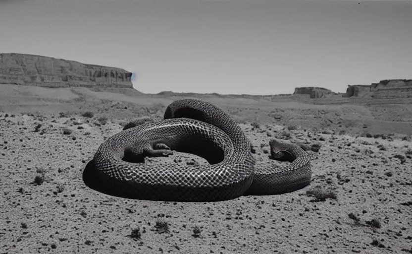 Prompt: a misteriuos old film photography of a rare snake in the desert