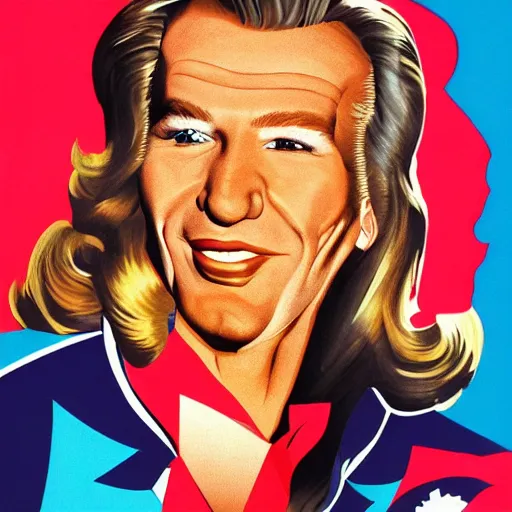 Image similar to handsome, jocelyn wildenstein, pop art poster, soviet propaganda poster, vivid colors, cartoon, long chin, big smile